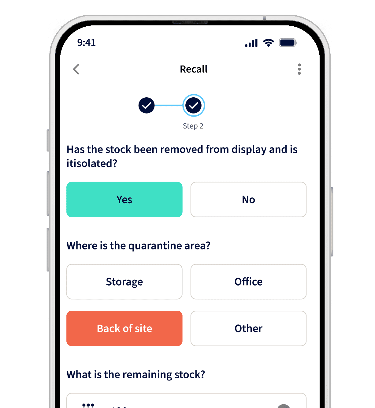 Product recall task in the YOOBIC grocery operations app showing stock removal verification and quarantine location selection