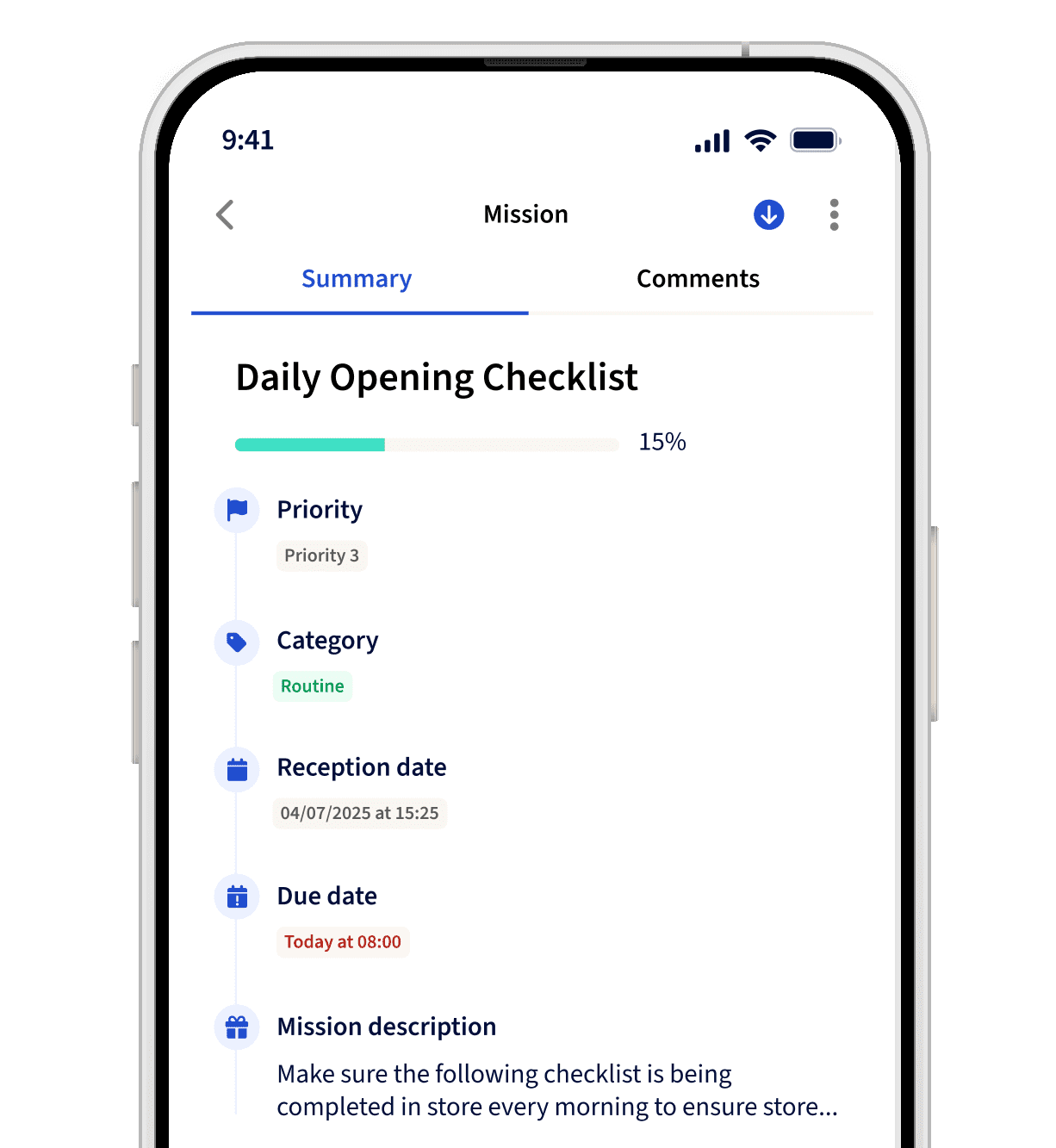 Grocery store operations task showing a Daily Opening Checklist at 15% progress with priority and due date fields in the YOOBIC app