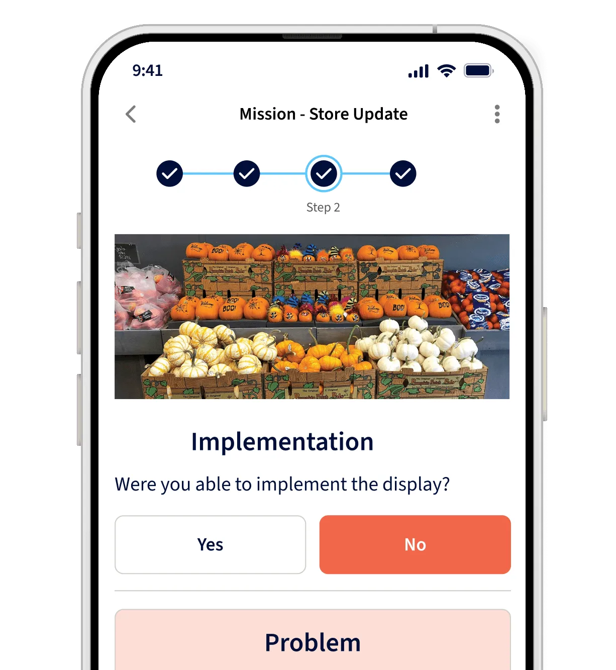 Seasonal grocery promotion execution task in YOOBIC showing a pumpkin display with implementation verification step