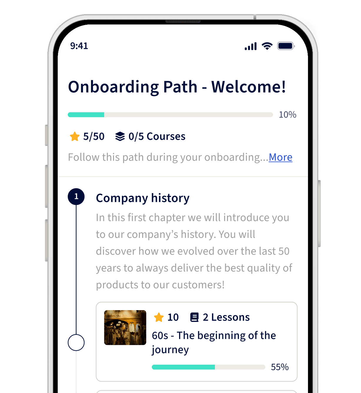 Grocery employee onboarding path in YOOBIC at 10% progress with a Company History training module at 55% completion