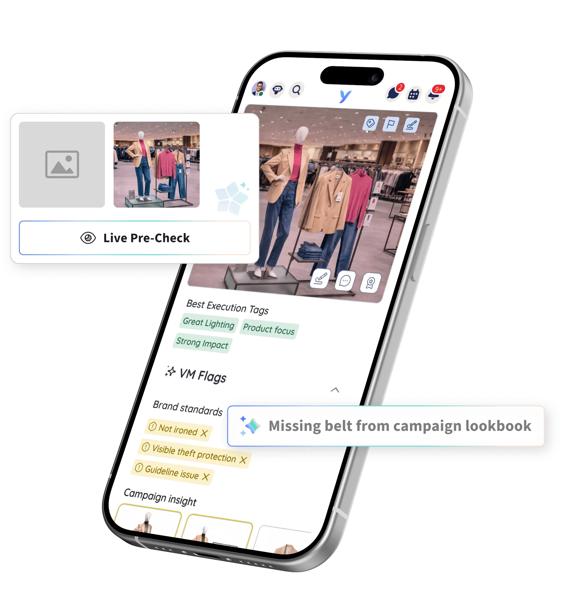 Screenshot of the VM Copilot mobile app showing a Live Pre-Check screen with a store visual merchandising compliance alert flagging a missing item from the campaign lookbook