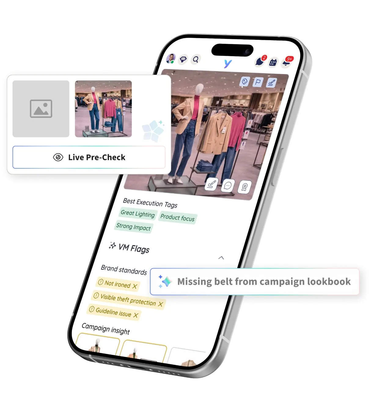 Screenshot of the VM Copilot mobile app showing a Live Pre-Check screen with a store visual merchandising compliance alert flagging a missing item from the campaign lookbook