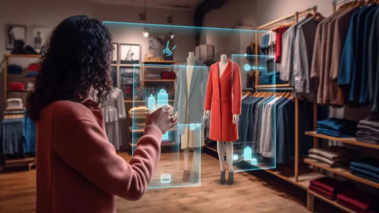 Store associate using an AI display to pull product details on the shop floor without leaving the customer.