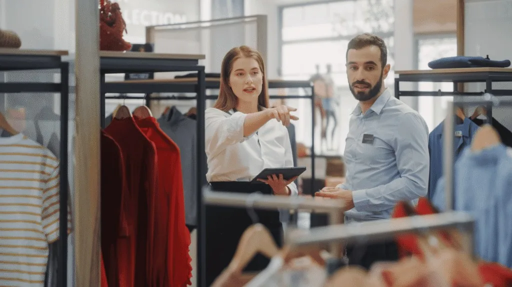 Manager with a tablet pointing out a display issue to a store associate in a fashion store