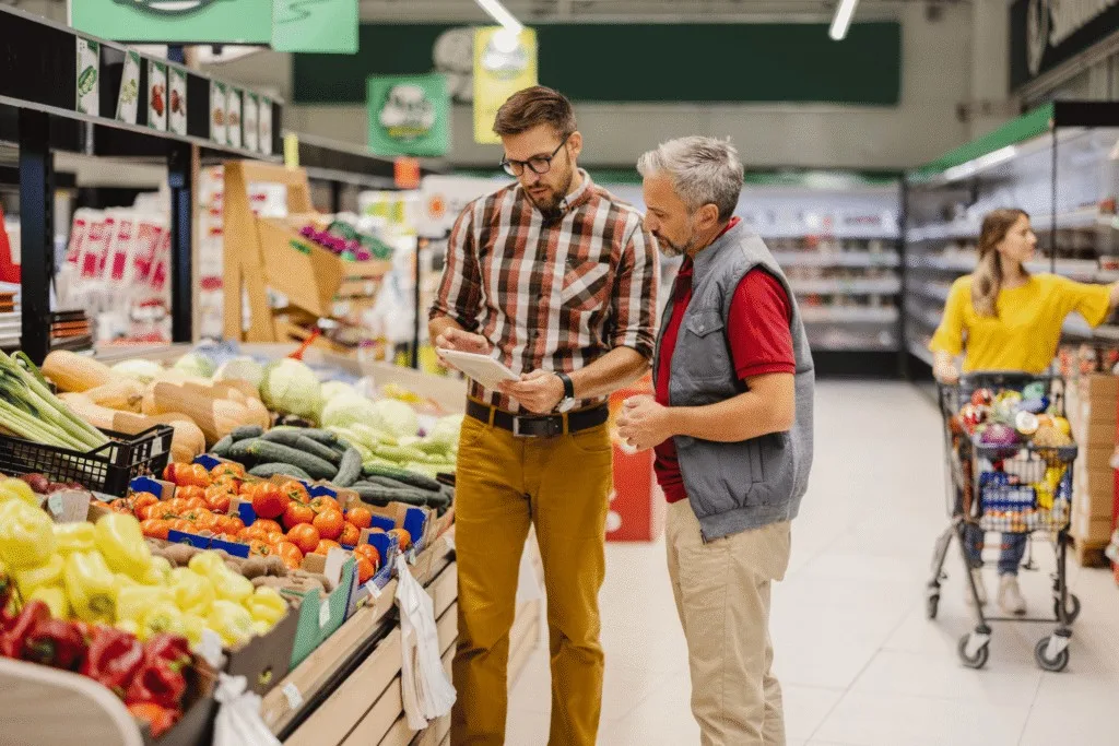 Two managers reviewing an audit on a tablet in a supermarket produce aisle