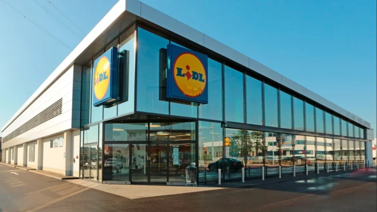 Exterior of a modern Lidl grocery store with glass facade and branded signage