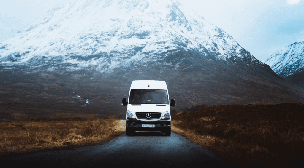 Van driving through the mountains