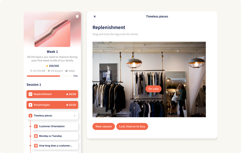 YOOBIC training platform showing an interactive drag-and-drop retail lesson on product replenishment.