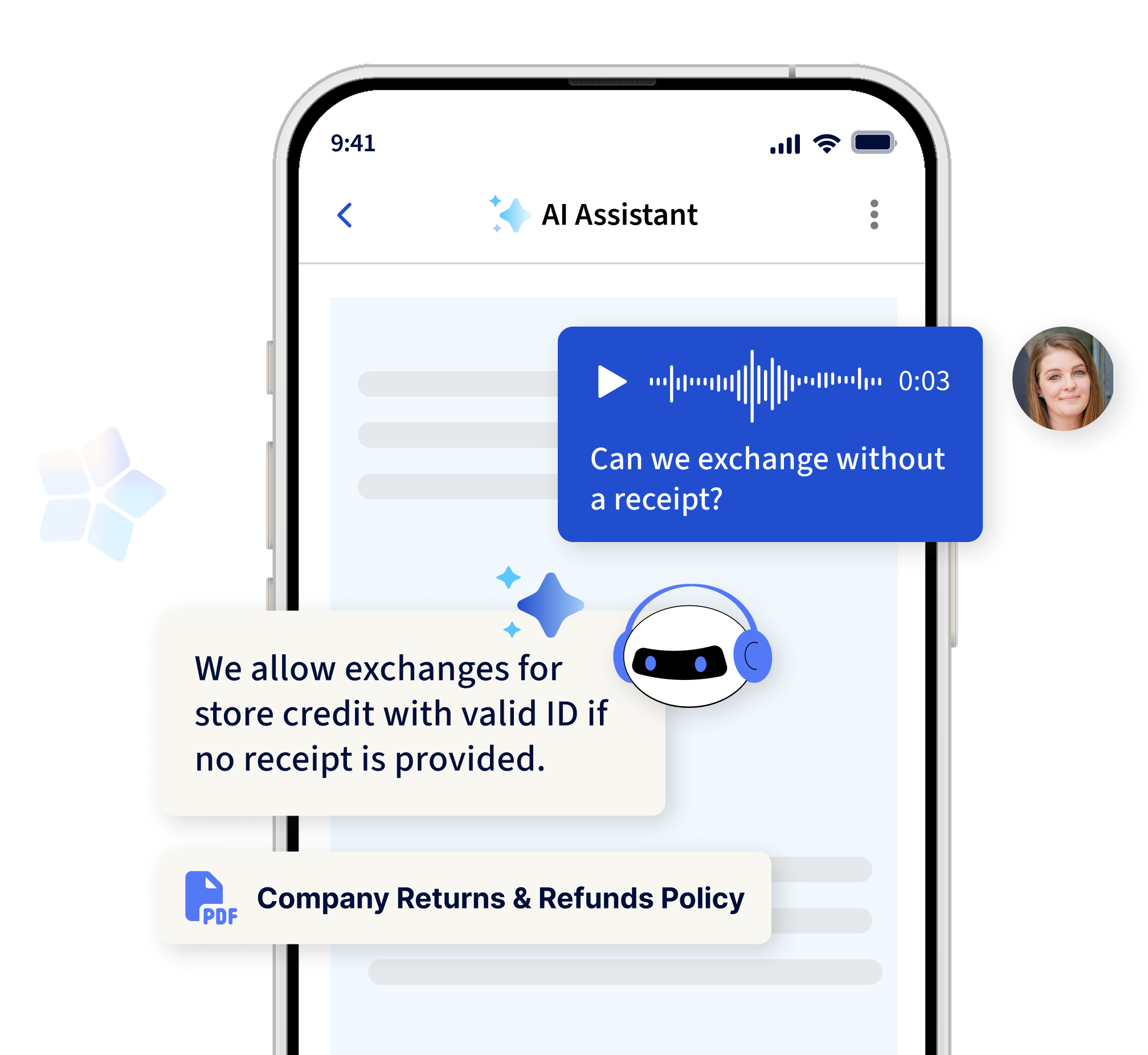 YOOBIC AI Assistant chat interface answering a frontline employee's question