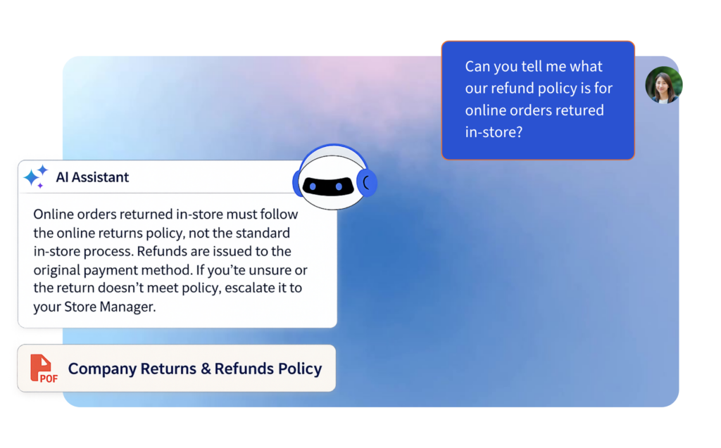 YOOBIC AI Assistant answering a refund policy question and citing the company returns and refunds policy document as its source