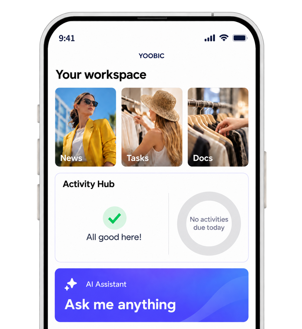 YOOBIC mobile interface showing News, Tasks and Documents shortcuts with a “You’re all caught up” status message.