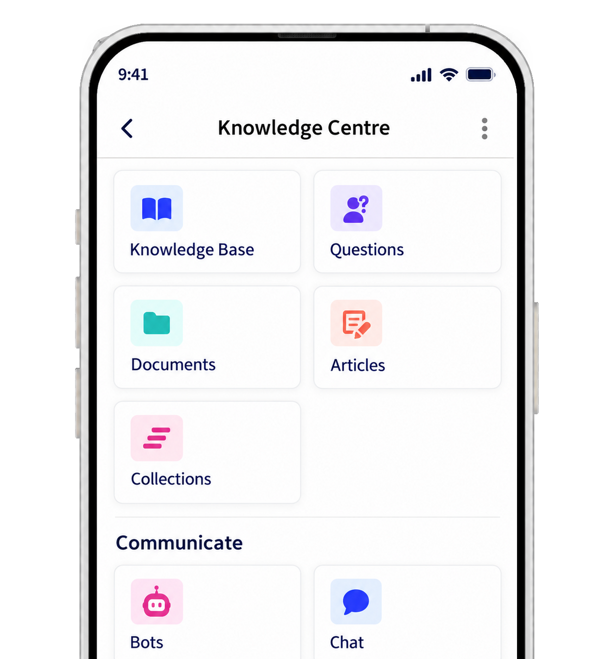 AI knowledge base showing organized company documents, articles, and collections in one place