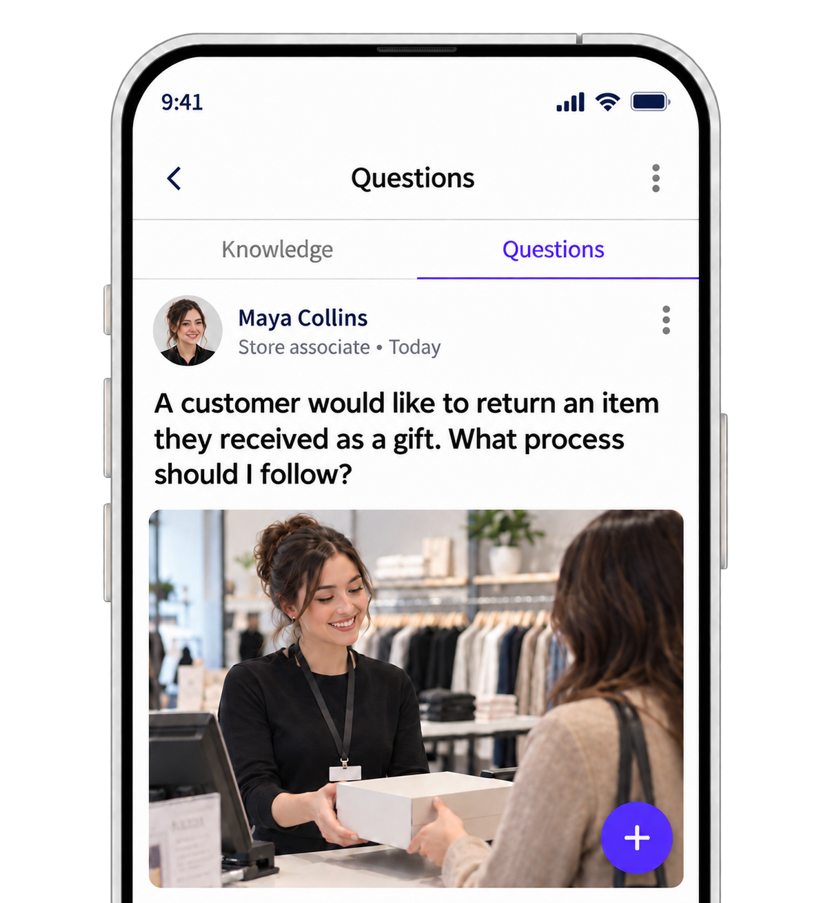 Employee instant messaging a manager directly from the company knowledge base app