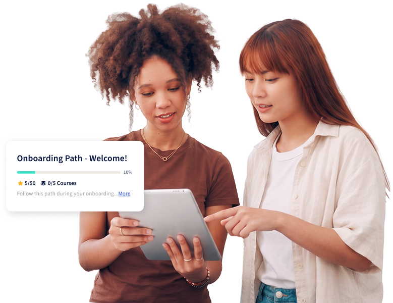 New employees completing an AI-assigned onboarding path on a tablet device