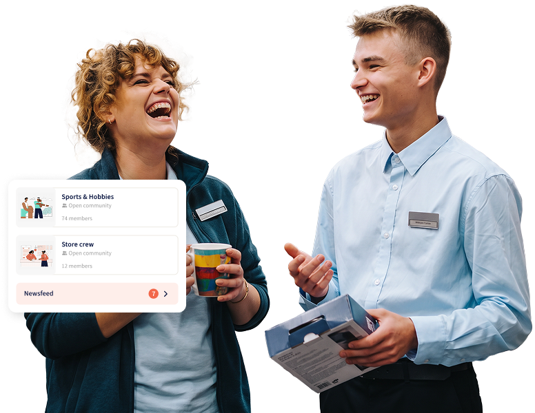 Frontline employees connecting through community groups on a mobile app