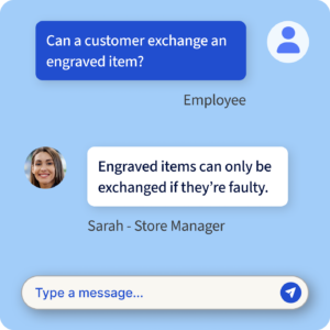 Employee messaging a manager directly through built in chat when the knowledge centre doesn't have the answer