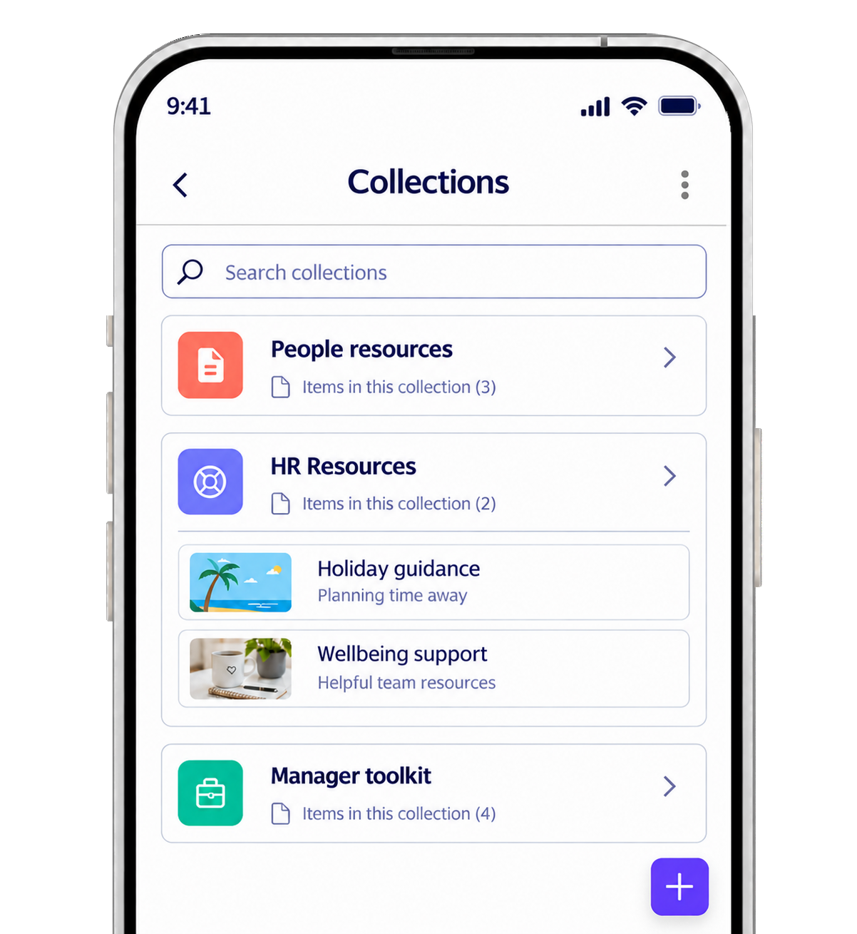 Collection grouping related documents, articles, and links by topic in a knowledge management platform