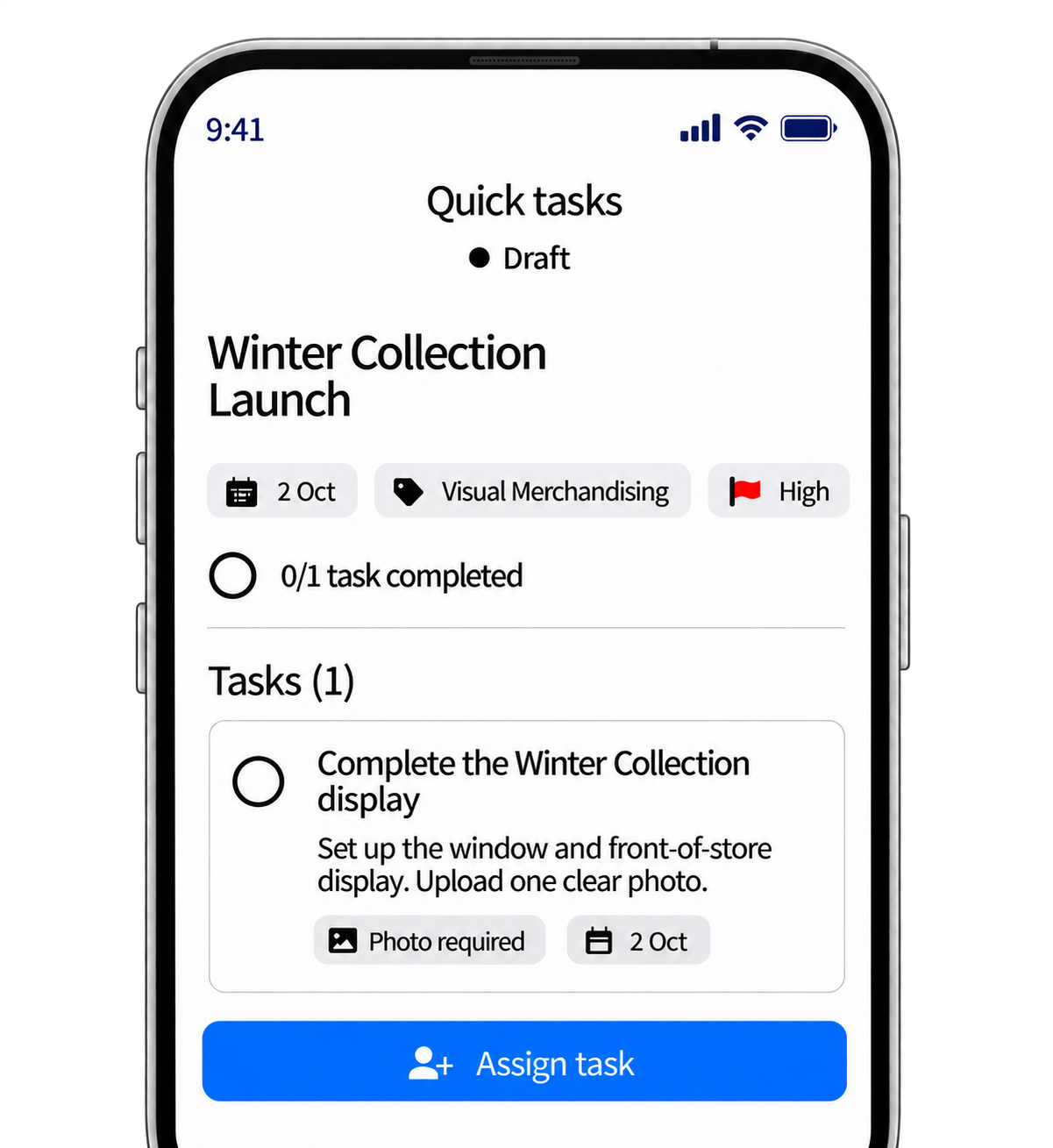 YOOBIC mobile task management screen showing a Winter Collection Launch task with completion status, due date and photo requirement.