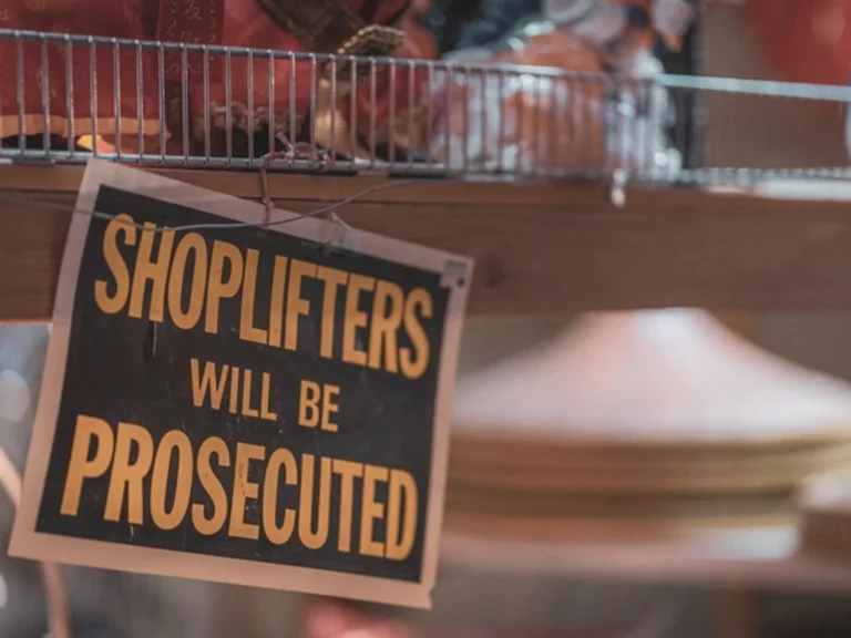 A weathered black and orange sign hanging in a shop reading shoplifters will be prosecuted.