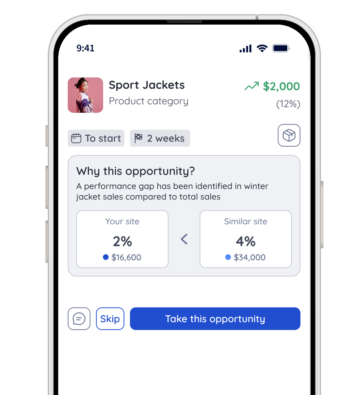 YOOBIC Store Manager Copilot showing a sales opportunity for sport jackets, with performance comparison and recommended action.