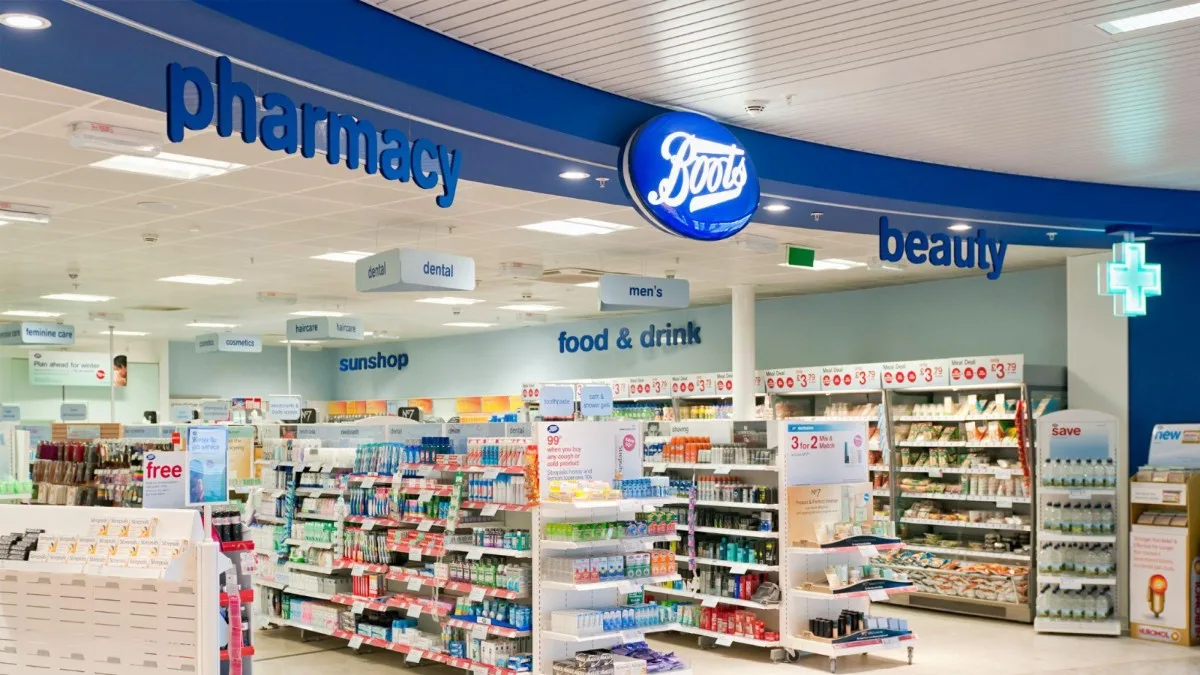 Image of the pharmacy and beauty sections of a Boots store